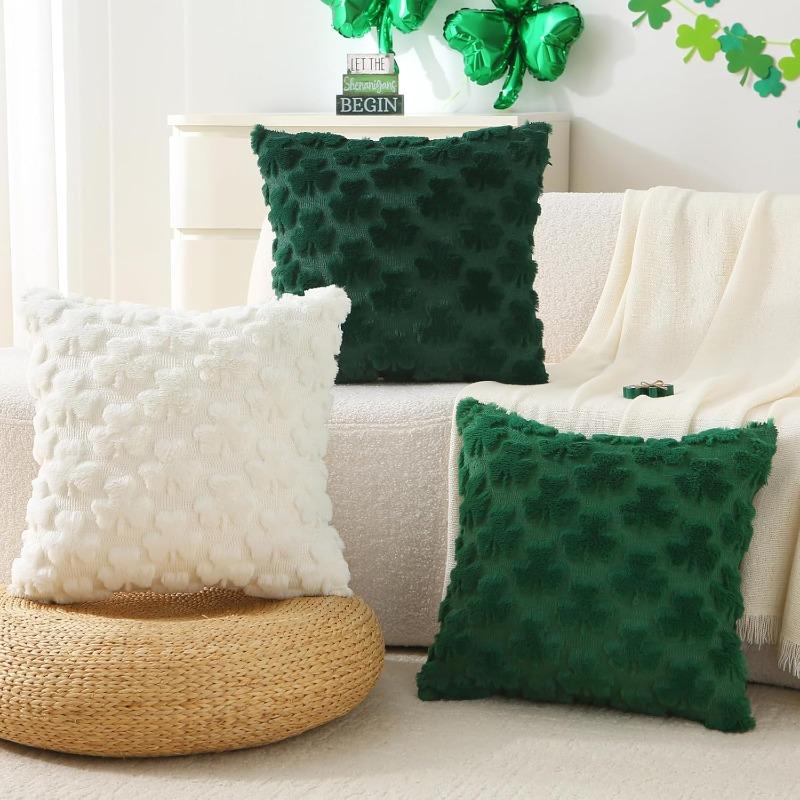 Valentine Day Heart Pillow Cover 3D Plush Embroidery Shamrock Cushion Living Room Sofa Bedding Accent Decor Throw Case