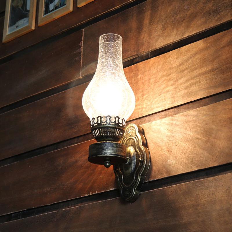 Rustic Glass Shade Wall Sconce, Antique Kerosene Lamp Metal Wall Light Bedside Lamp