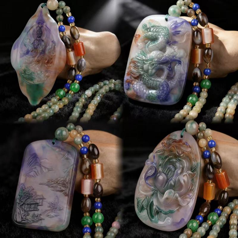 Versatile Rainbow Spotted Stone Carved Necklace Pendant Fortune Dragon Plaque Sweater Chain Fashion Jewelry Mother'S Day Gift