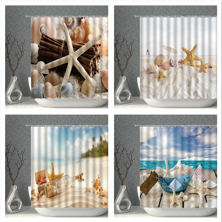 Starfish Shower Curtain Set Starfishs Shells Seascape Ocean Bath Curtains Waterproof Fabric White Blue Bathroom Screen Decor