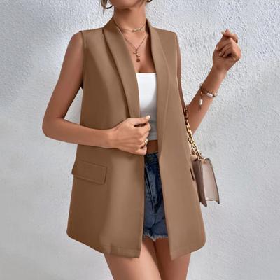Women Suit Vest Lapel Sleeveless Flap Pockets Mid-length Suit Coat Solid Color Open Front Business Work