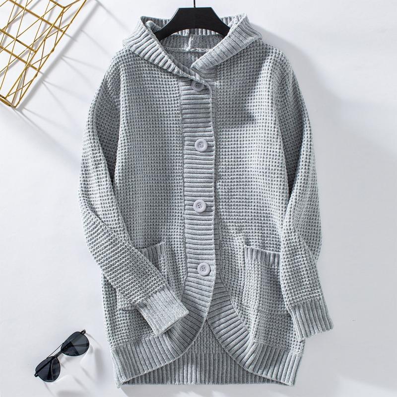 Long Sleeve Hooded Knit Cardigan Sweater Women Vintage Loose Button Front