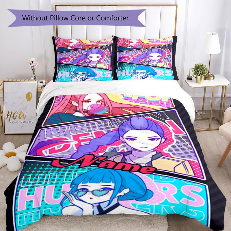 3pcs Custom Name KPop Demon Hunters Bedding Set Duvet Cover Closure Includes 1 Duvet Cover & 2 Pillowcases, Soft and Comfortable for All Seasons.