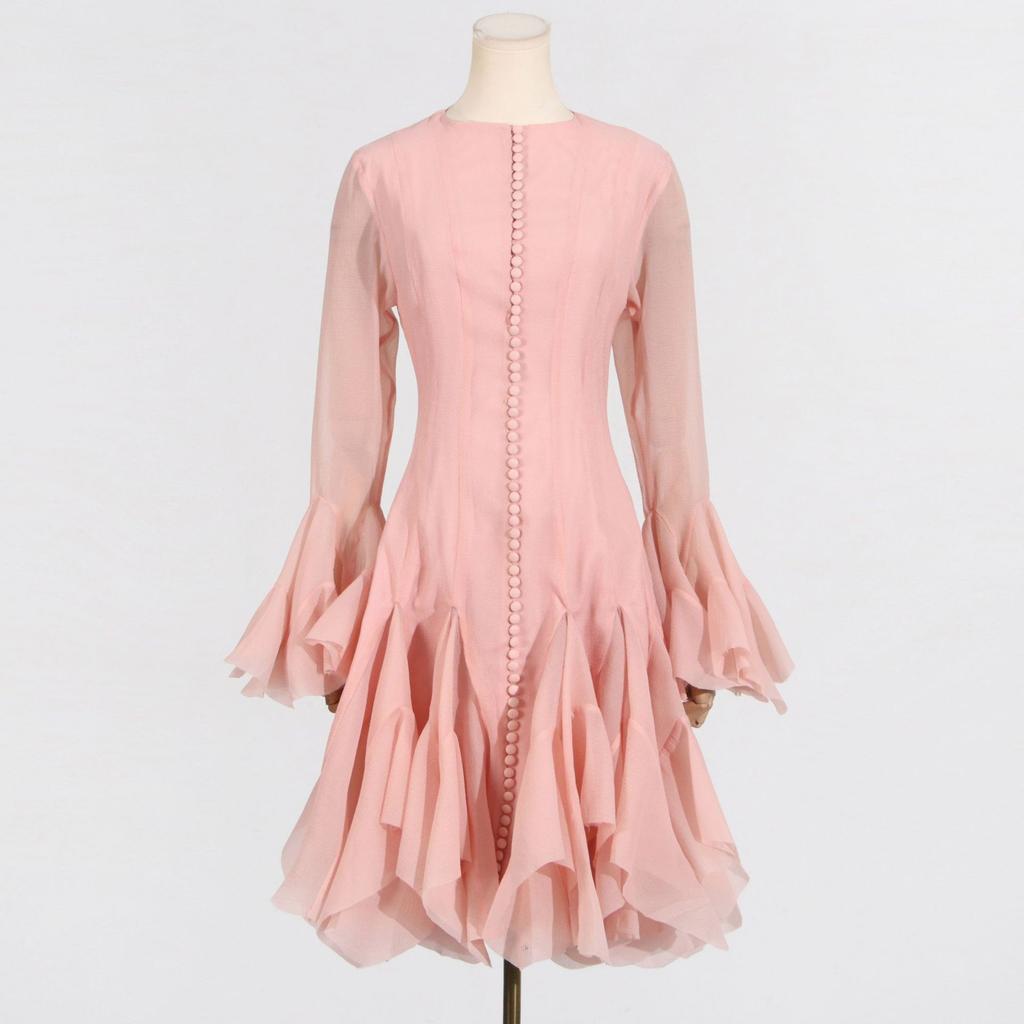 Solid Spliced Button Slimming Dresses for Women O Neck Long Sleeve High Waist Patchwork Ruffles Female Fashion New