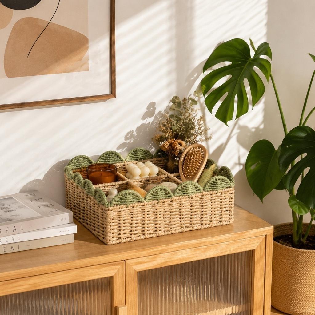 Woven Storage Basket with Internal Iron Frame Divider Organizer for Home Office Desk and Drawer Storage with Multiple Compartments