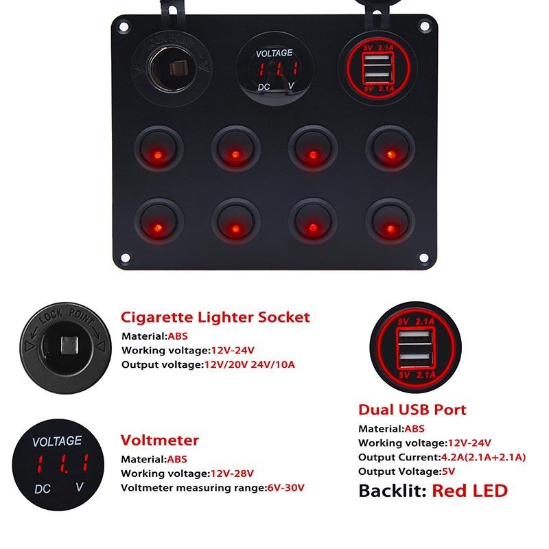 8 Gang Switch Panel Rocker Circuit Breaker Toggle Switch Panel With Dual USB Charger 12V Voltage Meter For Car Boat RV Camper