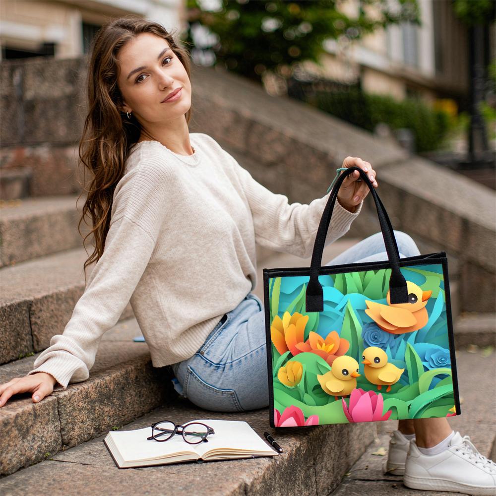  Cute Duck Floral Print Tote Bag Casual Large Capacity Fashion Shopping Handbag for Daily Use