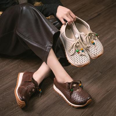 Genuine Leather Hollow-out Breathable Casual Shoes Lightweight Versatile Lace Up Women's Flat Shoes
