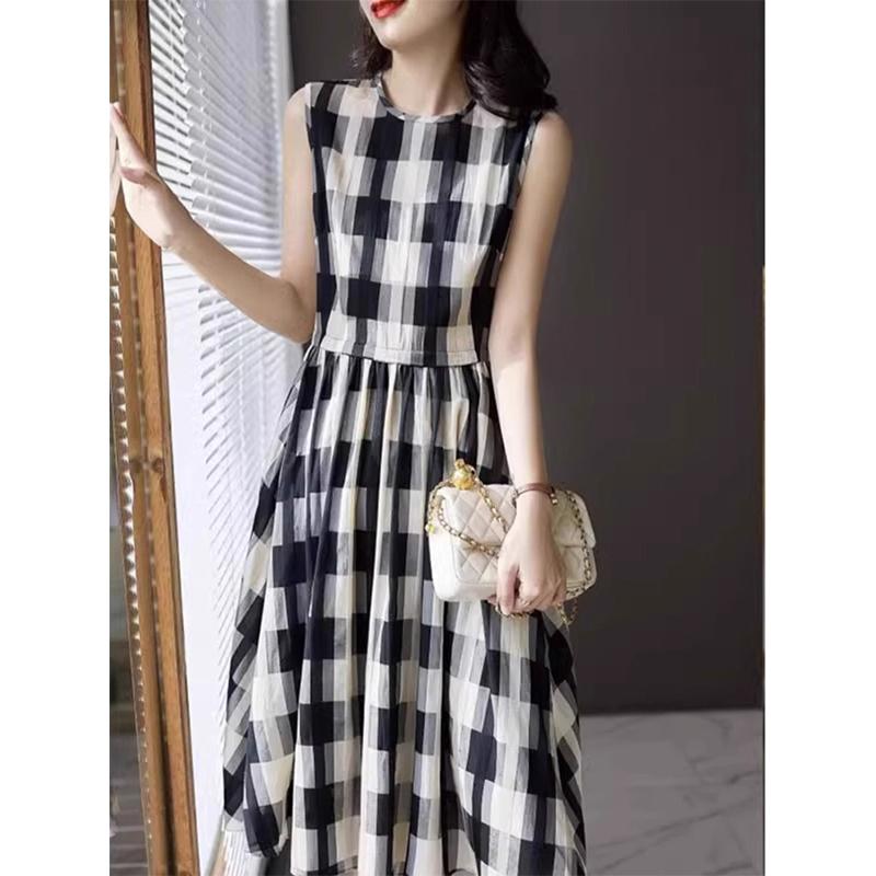 Summer Fashion Vintage Plaid Printing Sleeveless Dress Female Loose Casual Beach Holiday Robe Women Temperament Waist Vestidos