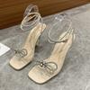 Women Bowknots Crystal Heeled Sandals Fashion Square Toe Rhinestone Decor Ankle Strap Heels For Party Wedding Prom