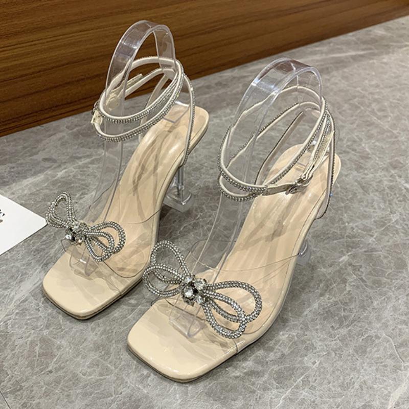 Women Bowknots Crystal Heeled Sandals Fashion Square Toe Rhinestone Decor Ankle Strap Heels For Party Wedding Prom