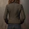 Dark Green Tweed Short Jacket with Velvet Cuff Trim and Metal Buttons