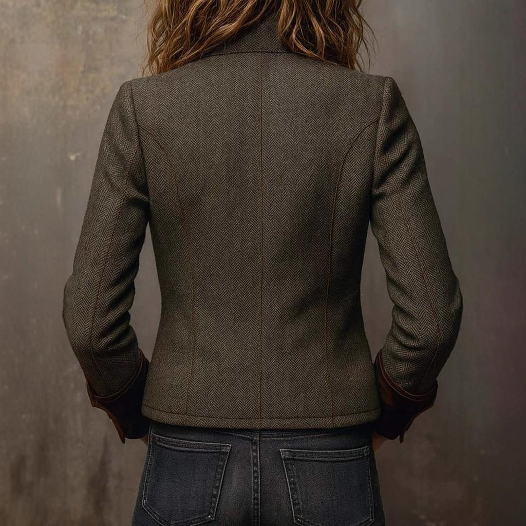 Dark Green Tweed Short Jacket with Velvet Cuff Trim and Metal Buttons