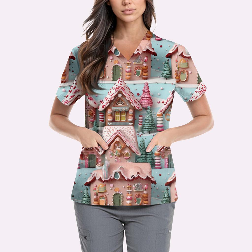 Women's Cute Printed Work Clothes V-neck Double Layer Pockets Basic Short Sleeve Top Pullover Valentines