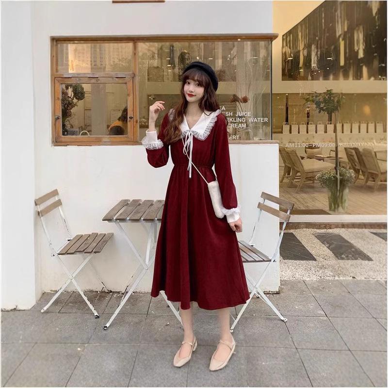 

2024 Красное приталенное платье в французском стиле Хепберн на осень/зиму M вино красного