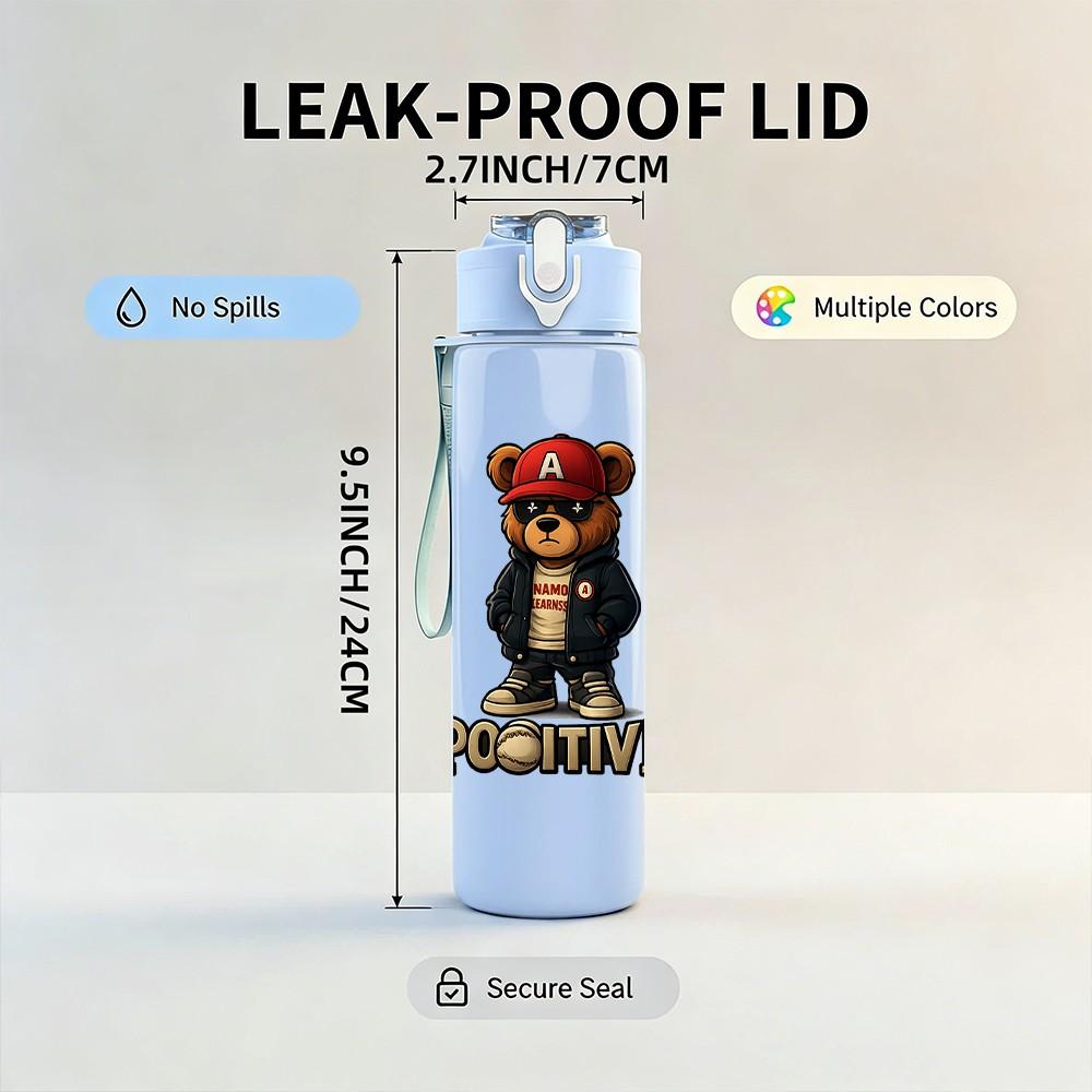 1PC Bear Prison Inmate Cartoon Print 750ml Color Plastic Sports Water Bottle Leakproof Flip Straw Lid Suitable for Sports Office Home Use