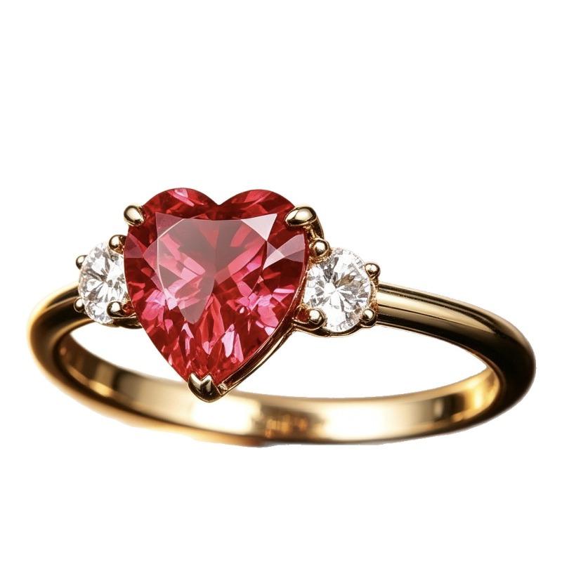 Luxury Inlaid Heart Pigeon Blood Red Garnet Ring Female Cute Sweet Rose Gold Plated Diamond Ring