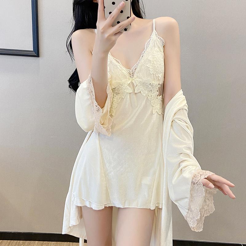 Summer deep V backless pure desire suspender skirt robe set, golden velvet soft loungewear skin-friendly sexy pajamas