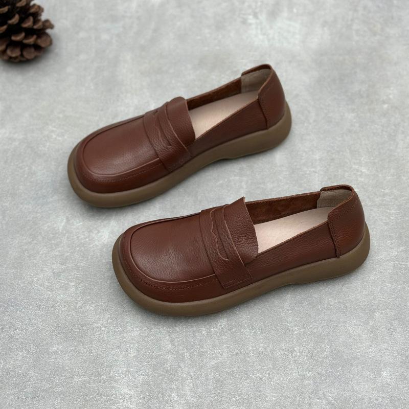Johnature Handmade Genuine Leather Loafers Vintage Round Toe Flat Women's Slip-on Shoes
