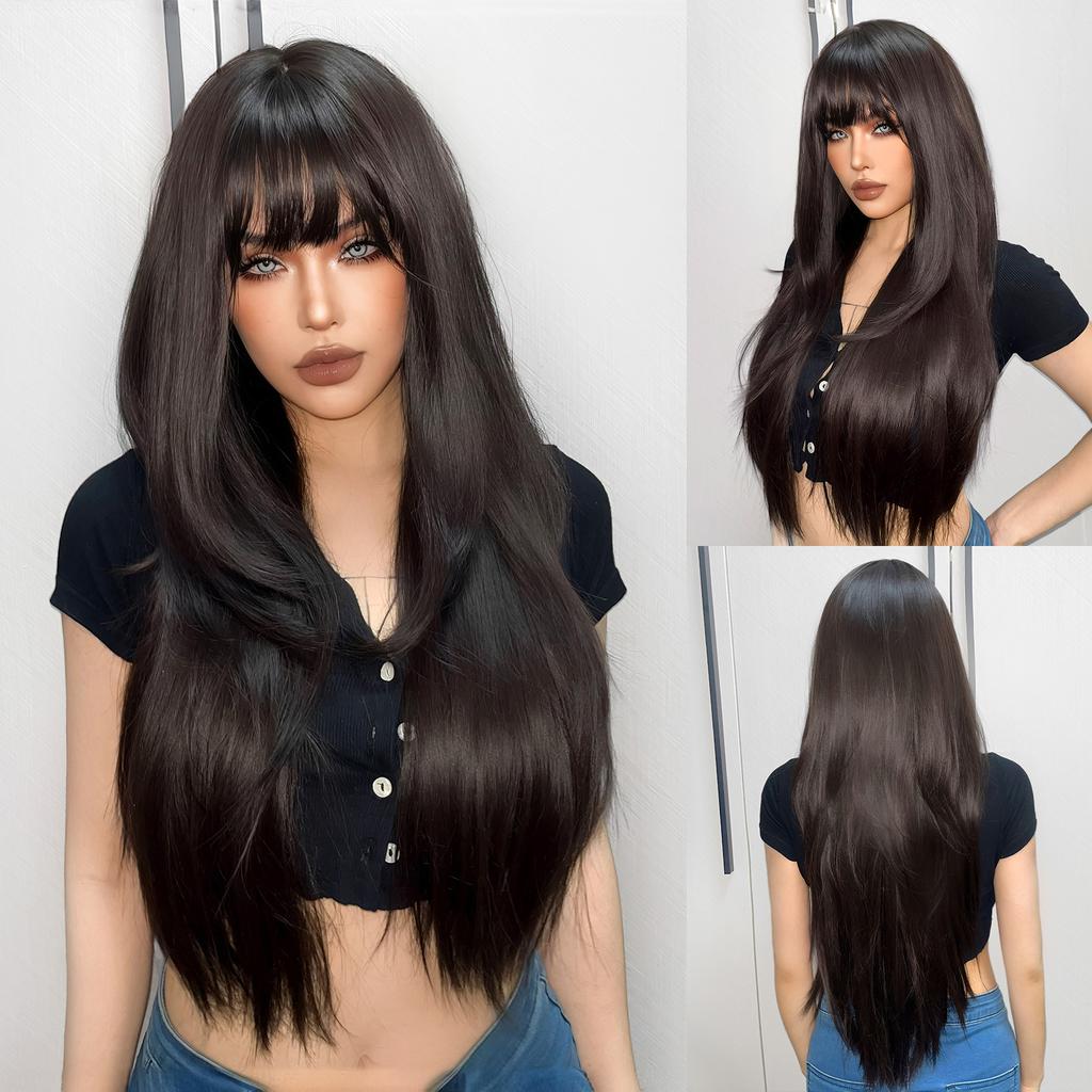 Zwarte Highlights Roze Synthetische Pruik met Pony Lange Rechte Zwarte Highlights Rode Pruik Voor Vrouwen Cosplay Feest Kerstpruik 26inch
