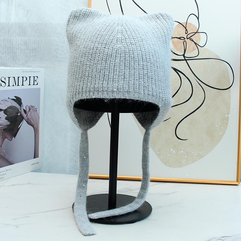 New High-quality Cute Ear Protection and Warm Cat Ears Rabbit Hair Knitted Hat Autumn and Winter Fashion Balaclava Women's Tide