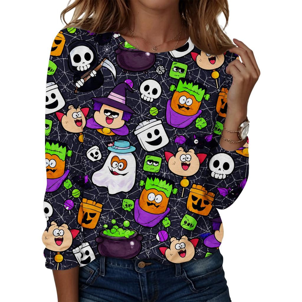 Women's Casual Long Sleeve Round Neck Top with Halloween Print for Party