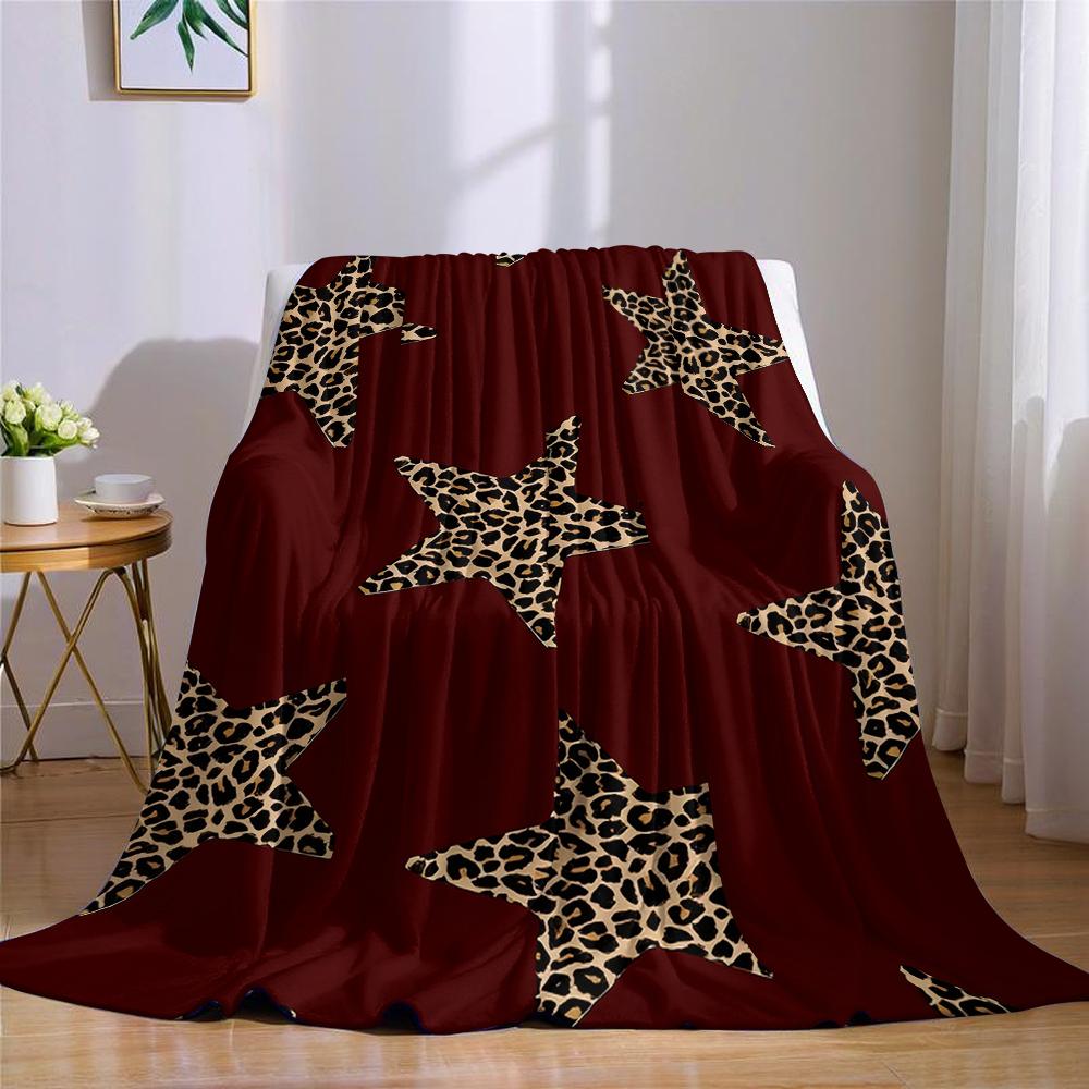 Leopard Star Burgundy Flannel Blanket Warm Soft Halloween Christmas Couch Warm Cozy Decorative Decor Gift for All Season