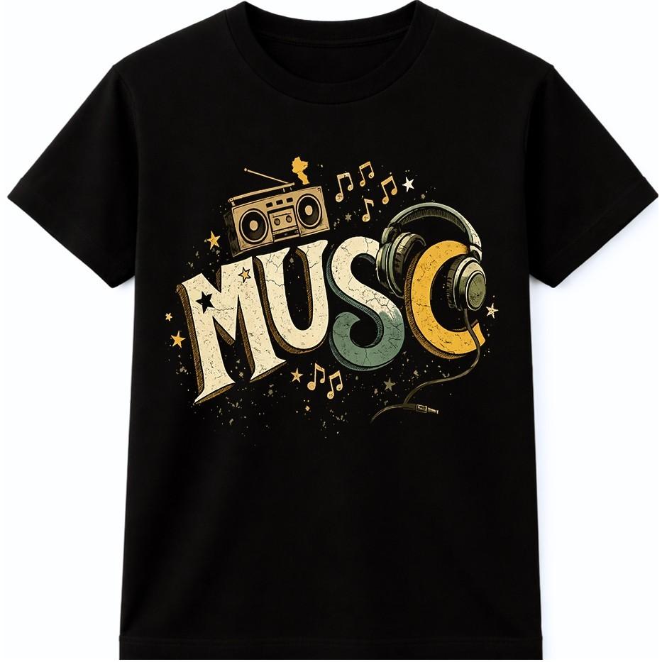 Music T Shirt Boombox Headphones Retro DJ Sound Graphic Vintage Tee