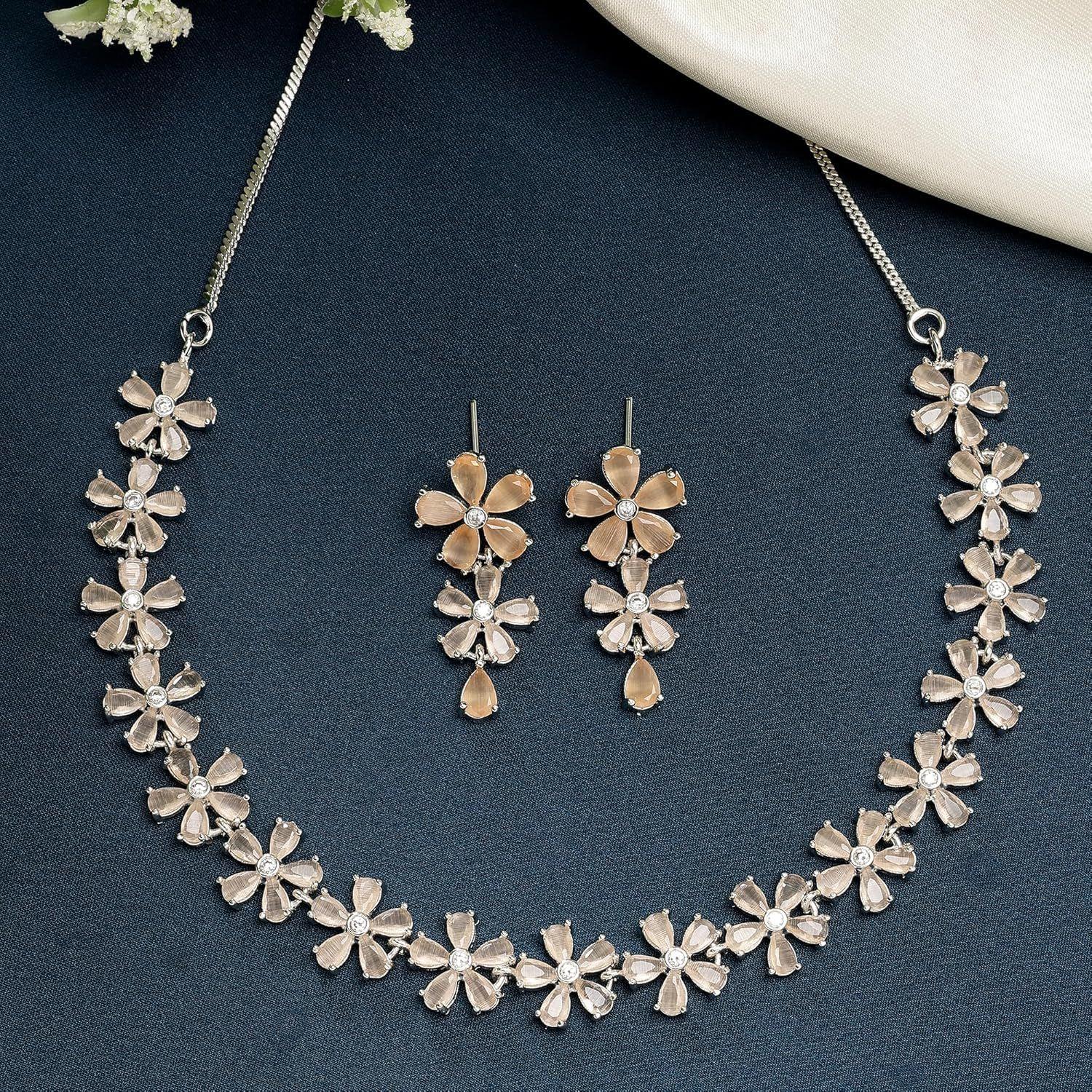 Rhodium Plated Silver Toned White American Diamond Studded Flower Shaped Jewellery Set For Girls and Women