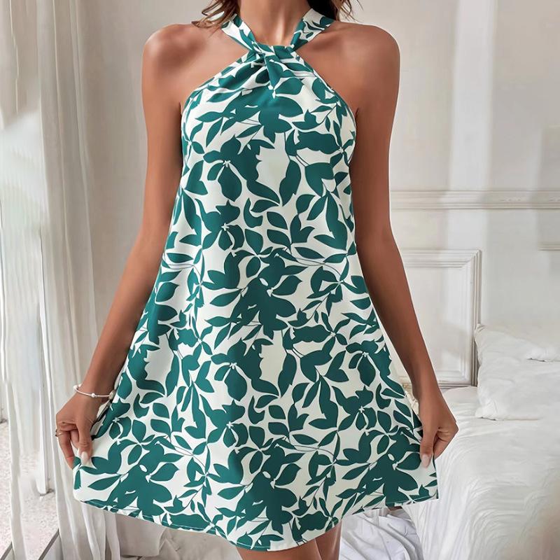 Europe, America 2025 Spring and Summer New Cross-border Amazon Printing Sleeveless Backless Short Skirt A Word Neck Dress Women's Clothing