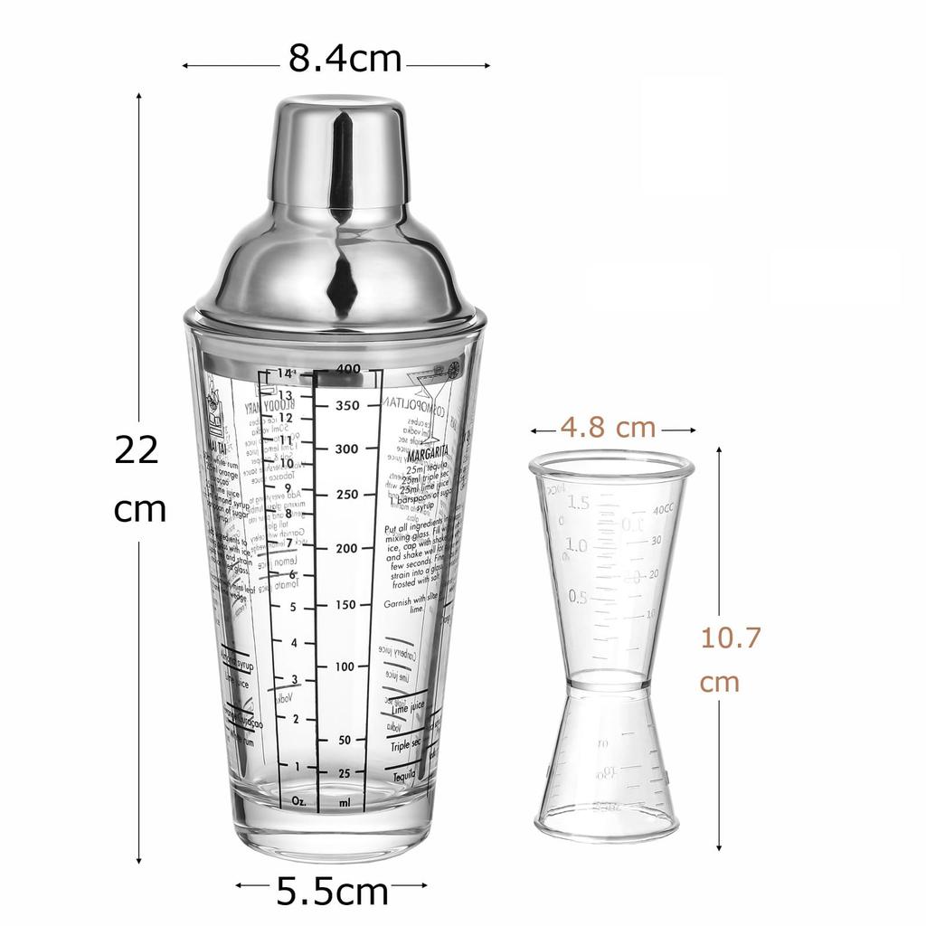 Cocktail Shaker Set 400ml with Measurement Markings, Bartender Tools, Jigger Cup Included, Stainless Steel Lid, Acrylic Jigger Cups (20ml/40ml), Perfe