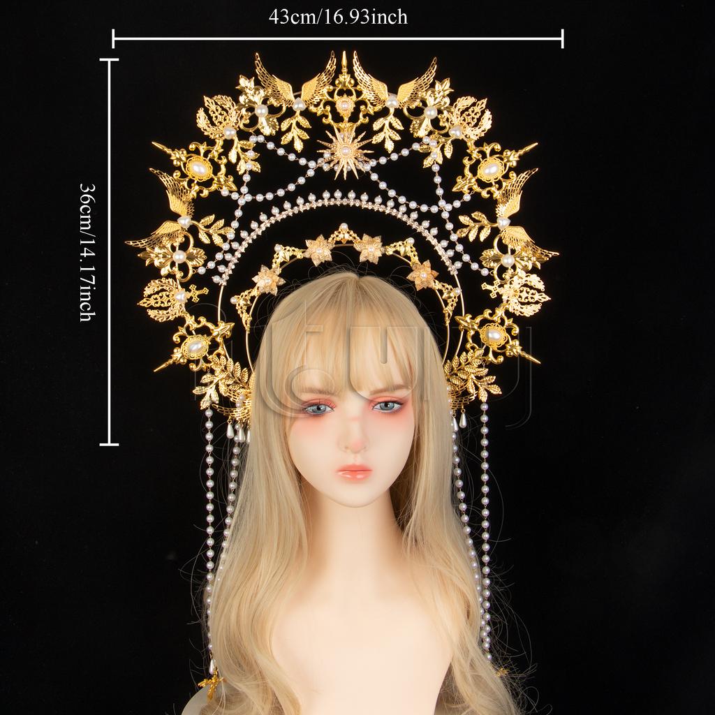 Exaggerated Oversized Sun Goddess Angel KC Halo Crown Queen Headpiece Gold Baroque Pearl Tiara Lolita Headband for Photo Prop