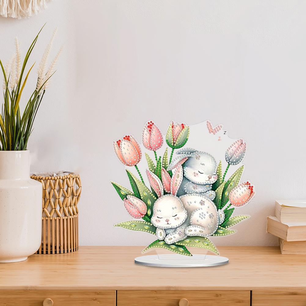 Easter Lily Bunny Diamond Painting Tabletop Ornaments Kit Table Top Diamond Painting Ornament Kits Rhinestones Desktop Ornaments