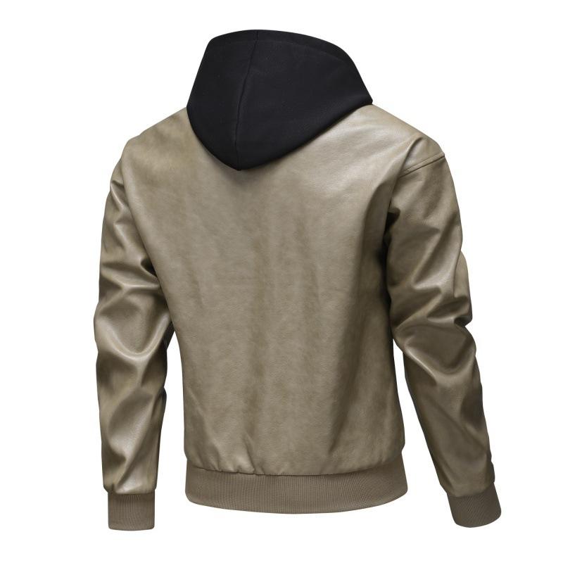 Lederjacke Herbst und Winter Europäische Größe Herren Zweiteiliger Look mit Kapuze Lederjacke Motorradjacke