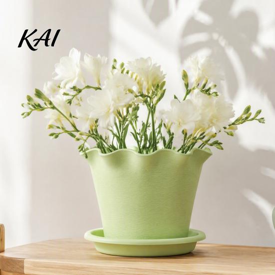 Plant Containers for Flowers Wavy Edge Planter with Saucer, Thickened Flower Pot Simple Style Planting Drainage Holes, Modern Indoor Outdoor