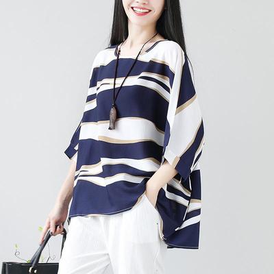 Damen Casual O-Ausschnitt Halber Ärmel Locker Sommer Print Gestreiftes T-Shirt Kurzarm