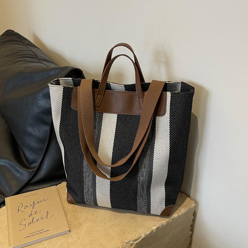 Large-capacity Class Bag Women's Summer New Contrasting Striped Handbag Versatile Shoulder Bag Tote Bag