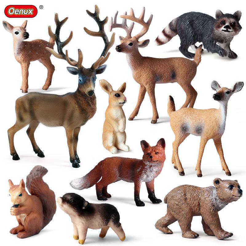 Miniatur-Dschungeltier-Simulationsspielzeug-Set: Reh, Fuchs, Eichhörnchen, Elch, Waschbär, Schwein, Kaninchen