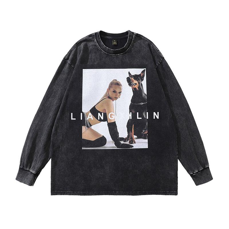 European And American High Street Dark Doberman Prints Heavy Old Hoodie Sweatshirts Hip-Hop Made Old Hoodie Men