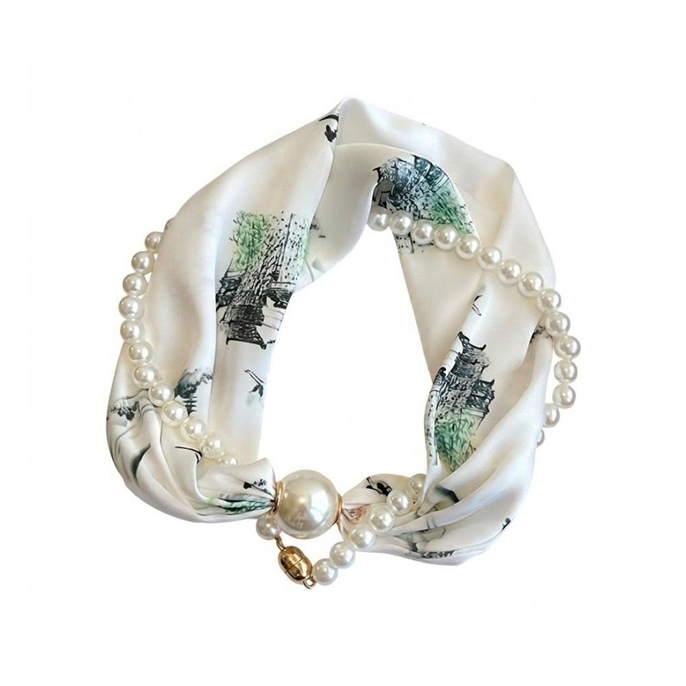 Magnetic Buckle Pearl Magnetic Clasp Scarf Thin Women's Shirt Necklace Elegant Silk Scarf  Women