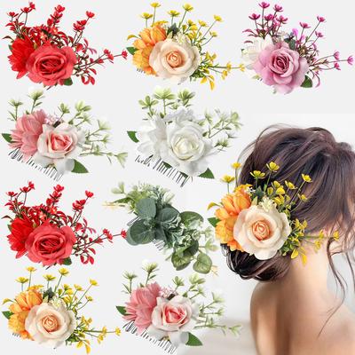 1pc Artificial Fabric Rose Metal Hair Comb, Fashion Romantic and Elegant Floral Wedding Bride Headdress Round Bun Hair Ornament