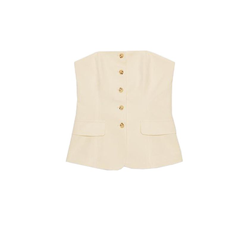 Button Vest Style off-the-Shoulder Tube Top Tops 5063731 High Waist Wide Leg Drape Pleated Pants 1255521
