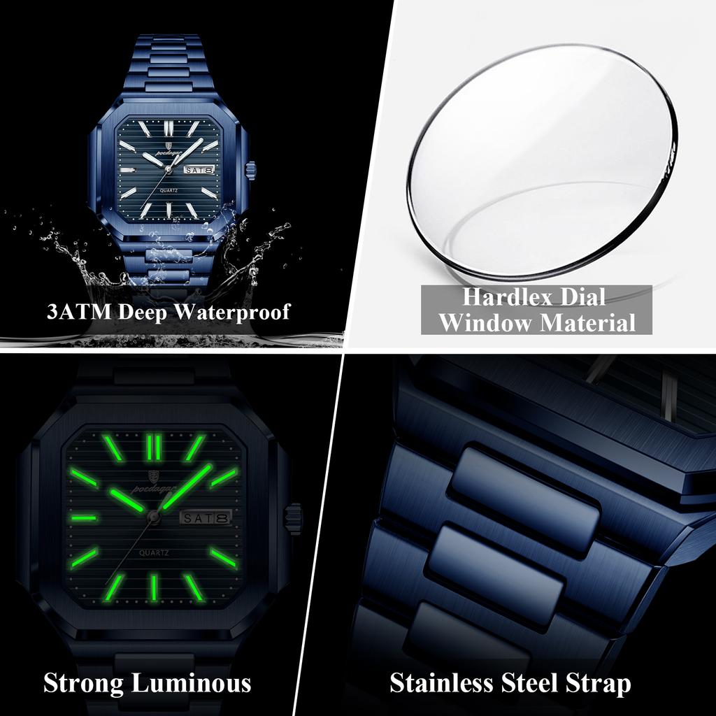 Top Luxury Brand Male Watch Waterproof Luminous Date Week Quartz Men's Watches Stainless Steel Fashion Square Men Watch