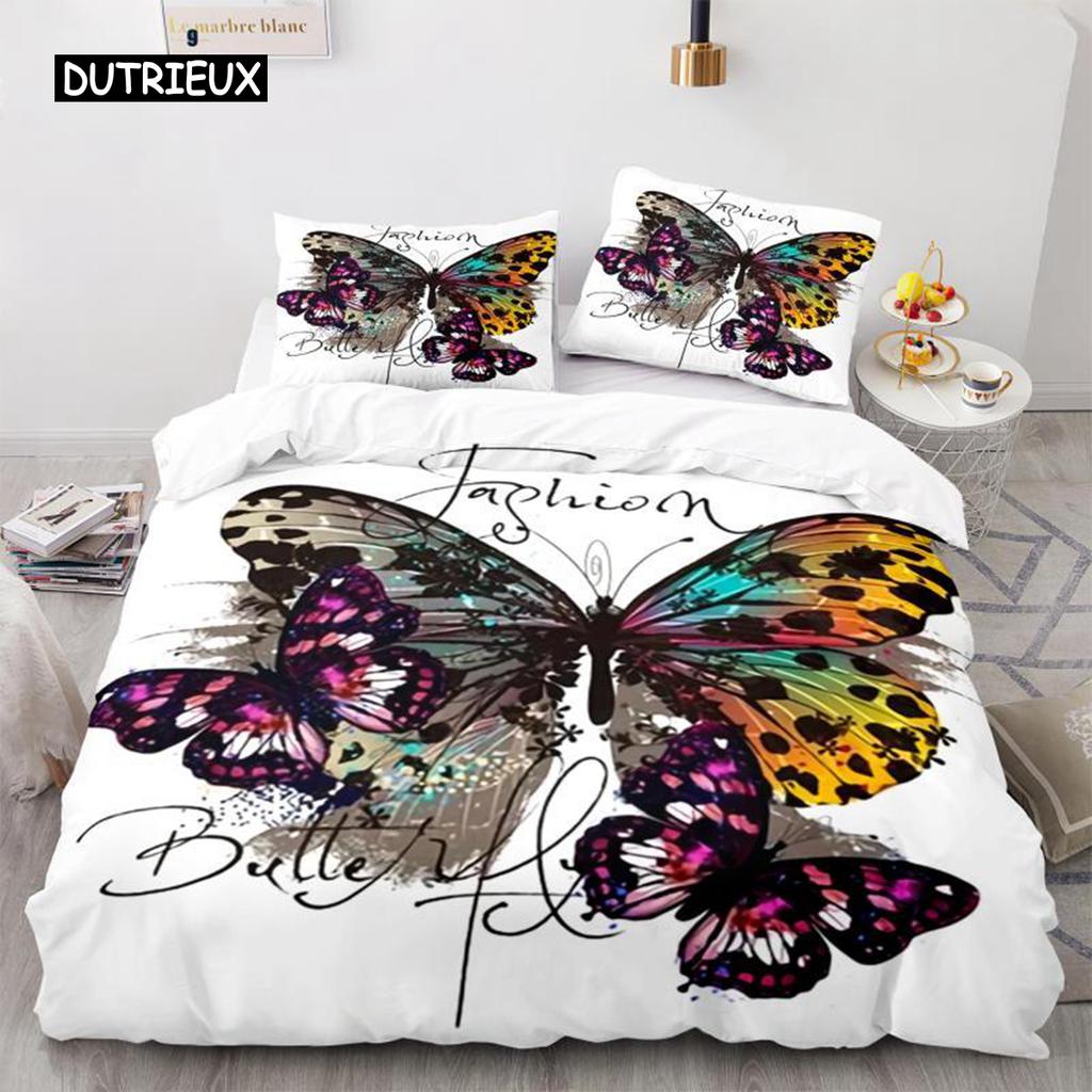 Butterfly Duvet Cover Set 3D Galaxy Purple Butterfly Floral Printed Bedding Set Fantasy Theme King Size Comforter Cover for Girl
