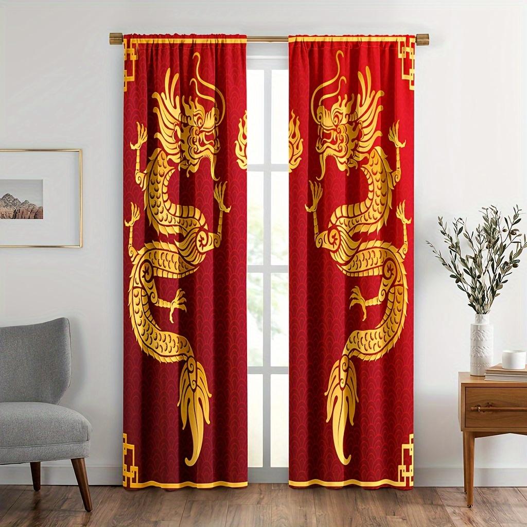2pcs Golden Dragon Curtains 3D Art Printed Dragon Window Drapes Rod Pocket for Room Bedroom Living Room Decor,Red Curtain.