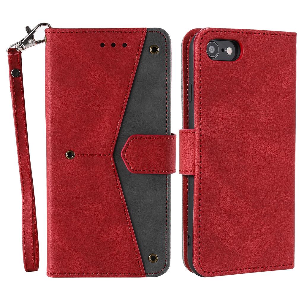 For iPhone 16e Leather Case Splicing Stitching Wallet Phone Cover with Wrist Strap