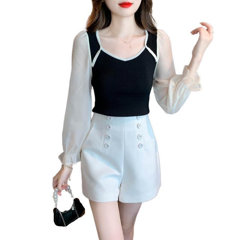 Chiffon Splice Knit Autumn New Fashionable Design Sense Small French Square Neck Slim Fit Long Sleeve Top
