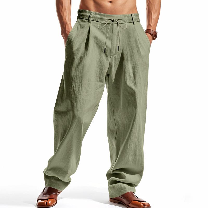 Four Seasons Men's Relaxed Fit Linen Casual Trousers - Wide-Leg Beach Sports Long Pants