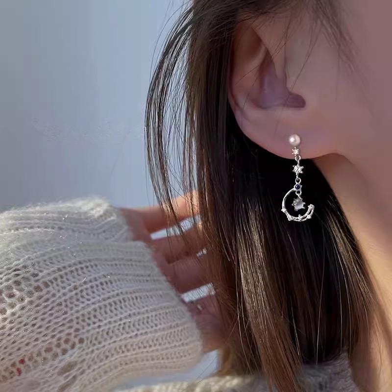 Asymmetric Moon & Tassel S925 Silver Earrings - Light Luxury Niche Design for Women