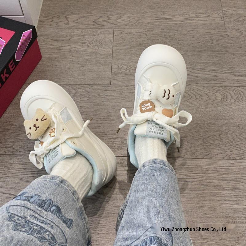 Niche Cute Big Head White Skate Shoes for Women - 2025 Autumn Breathable Thick Sole Casual Sneakers
